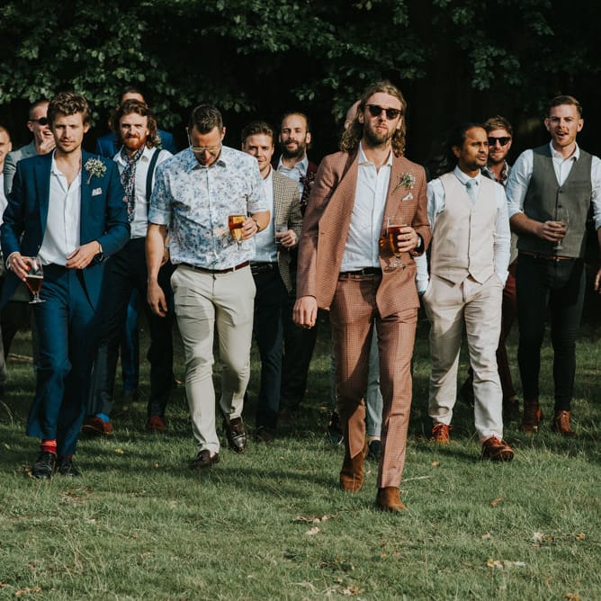 Groomsmen | Groom in Brown Check Suit | Outdoor Woodland Wedding at The Dreys in Kent | Fern Edwards Photography