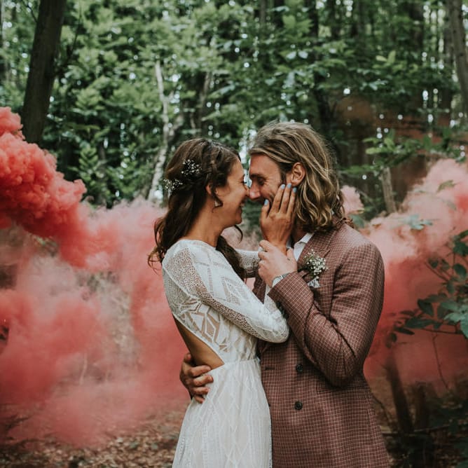 Smoke Bomb Portrait | Bride in Grace Loves Lace Gown | Groom in Brown Check Suit | Outdoor Woodland Wedding at The Dreys in Kent | Fern Edwards Photography