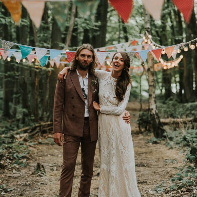 Bride in Grace Loves Lace Gown | Groom in Brown Check Suit | Outdoor Woodland Wedding at The Dreys in Kent | Fern Edwards Photography