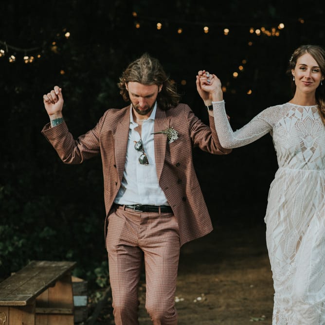 Bride in Grace Loves Lace Gown | Groom in Brown Check Suit | Outdoor Woodland Wedding at The Dreys in Kent | Fern Edwards Photography