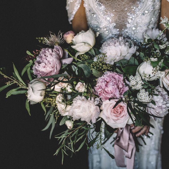 Peony Wedding Bouquet | Dark Hues For An Intimate Wedding Inspiration Shoot At The Green Man Winchester With Stationery By Geri Loves Emi And Images From Carrie Lavers Photography