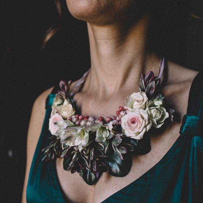 Statement Necklace For Bridesmaid | Dark Hues For An Intimate Wedding Inspiration Shoot At The Green Man Winchester With Stationery By Geri Loves Emi And Images From Carrie Lavers Photography