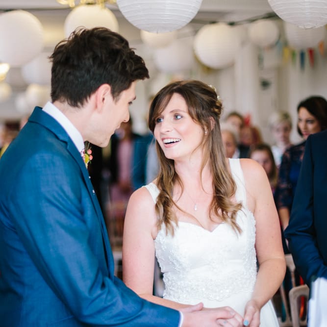 Wedding Ceremony | Bride in Bespoke Gown | Groom in Navy Blue Suit | Colourful DIY Wedding at Barley Wood Country House in Somerset | A Thing Like That Photography