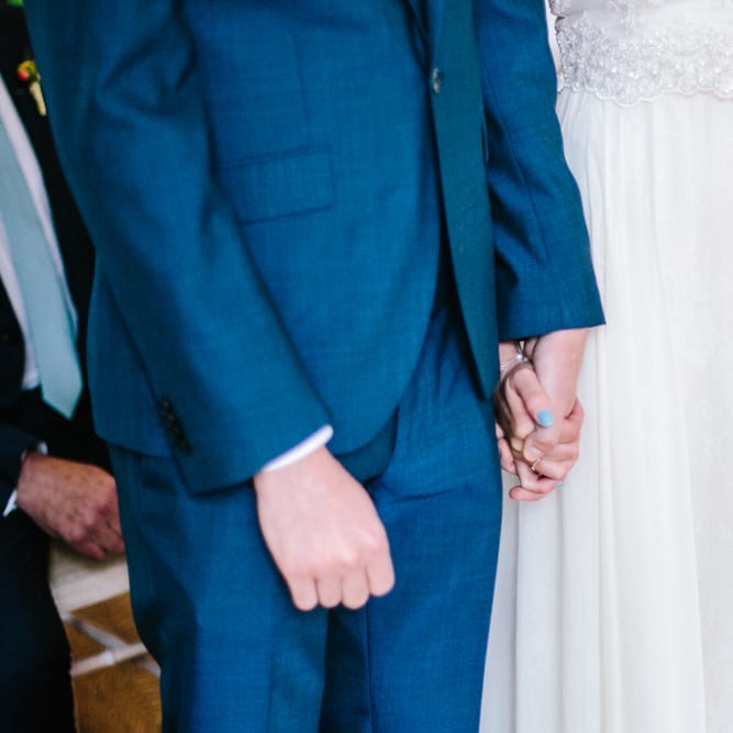 Wedding Ceremony | Bride in Bespoke Gown | Groom in Navy Blue Suit | Colourful DIY Wedding at Barley Wood Country House in Somerset | A Thing Like That Photography