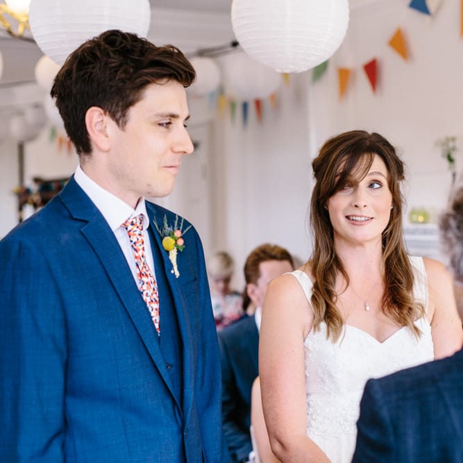 Wedding Ceremony | Bride in Bespoke Gown | Groom in Navy Blue Suit | Colourful DIY Wedding at Barley Wood Country House in Somerset | A Thing Like That Photography