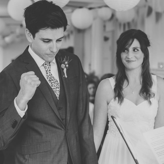 Wedding Ceremony | Bride in Bespoke Gown | Groom in Navy Blue Suit | Colourful DIY Wedding at Barley Wood Country House in Somerset | A Thing Like That Photography