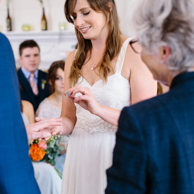 Wedding Ceremony | Bride in Bespoke Gown | Groom in Navy Blue Suit | Colourful DIY Wedding at Barley Wood Country House in Somerset | A Thing Like That Photography