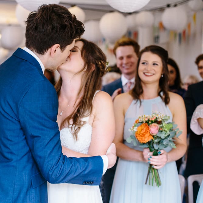 Wedding Ceremony | Bride in Bespoke Gown | Groom in Navy Blue Suit | Colourful DIY Wedding at Barley Wood Country House in Somerset | A Thing Like That Photography