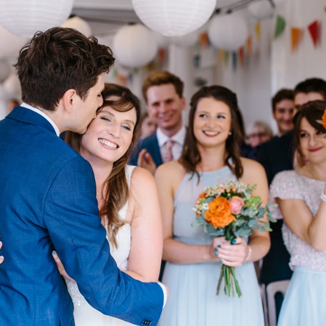 Wedding Ceremony | Bride in Bespoke Gown | Groom in Navy Blue Suit | Colourful DIY Wedding at Barley Wood Country House in Somerset | A Thing Like That Photography