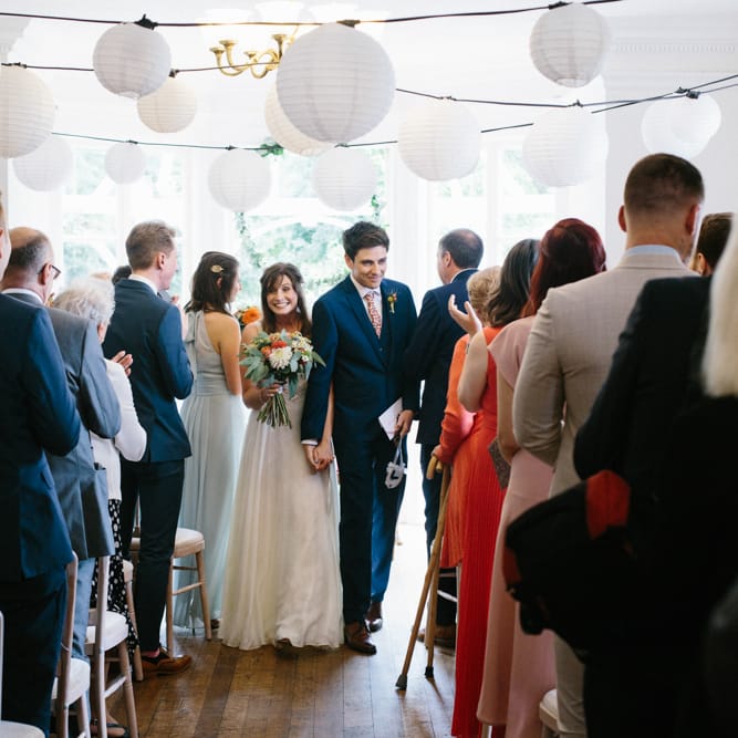 Wedding Ceremony | Bride in Bespoke Gown | Groom in Navy Blue Suit | Colourful DIY Wedding at Barley Wood Country House in Somerset | A Thing Like That Photography