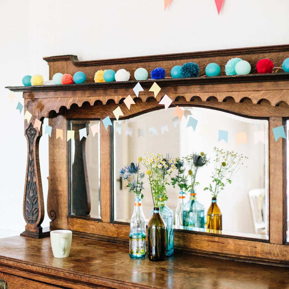 Colourful Bunting & Pom Pom Wedding Decor | Colourful DIY Wedding at Barley Wood Country House in Somerset | A Thing Like That Photography