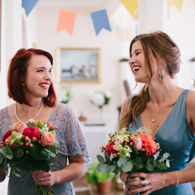Bridesmaids in Different Blue Dresses | Colourful DIY Wedding at Barley Wood Country House in Somerset | A Thing Like That Photography