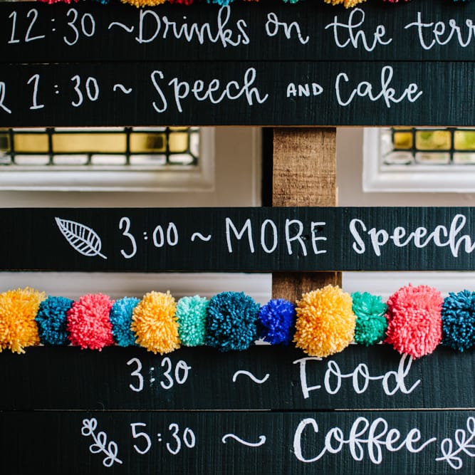 Wooden Palette Order of the Day Wedding Sign | Colourful DIY Wedding at Barley Wood Country House in Somerset | A Thing Like That Photography