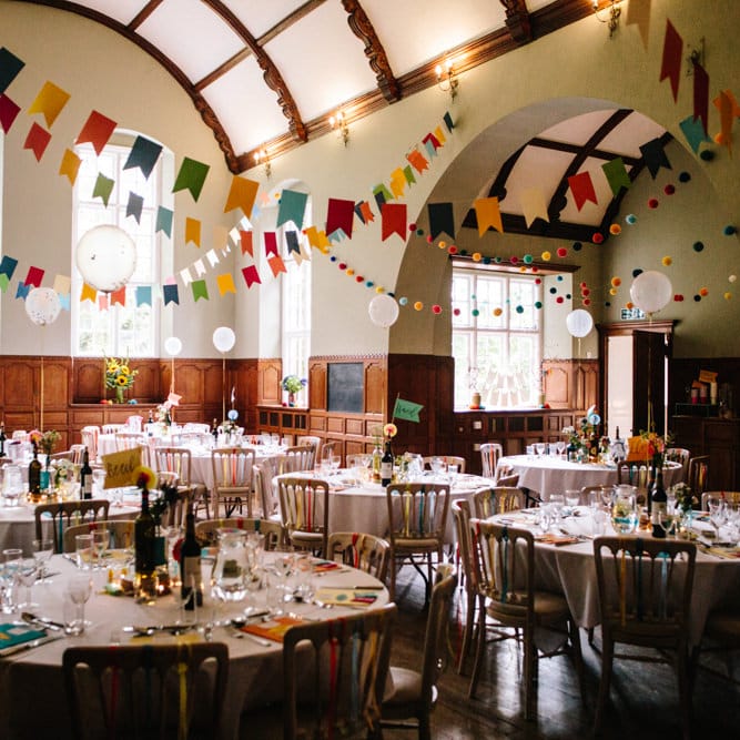 Colourful Bunting Wedding Reception Decor | Colourful DIY Wedding at Barley Wood Country House in Somerset | A Thing Like That Photography