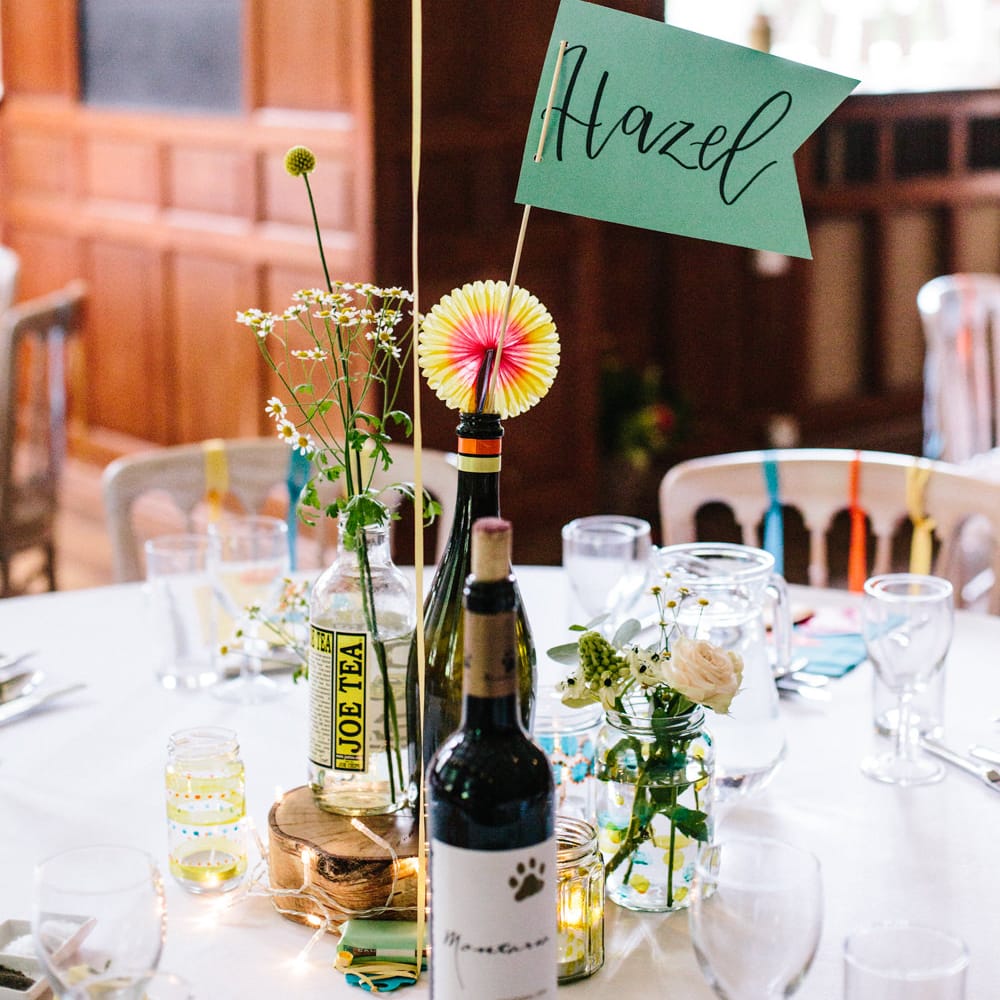 Wedding Reception Table Centrepieces | Colourful DIY Wedding at Barley Wood Country House in Somerset | A Thing Like That Photography