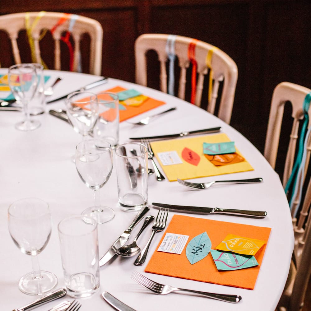 Colourful Place Settings | Colourful DIY Wedding at Barley Wood Country House in Somerset | A Thing Like That Photography