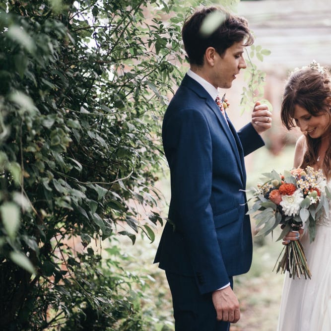 Bride in Bespoke Gown | Groom in Navy Blue Suit | Colourful DIY Wedding at Barley Wood Country House in Somerset | A Thing Like That Photography