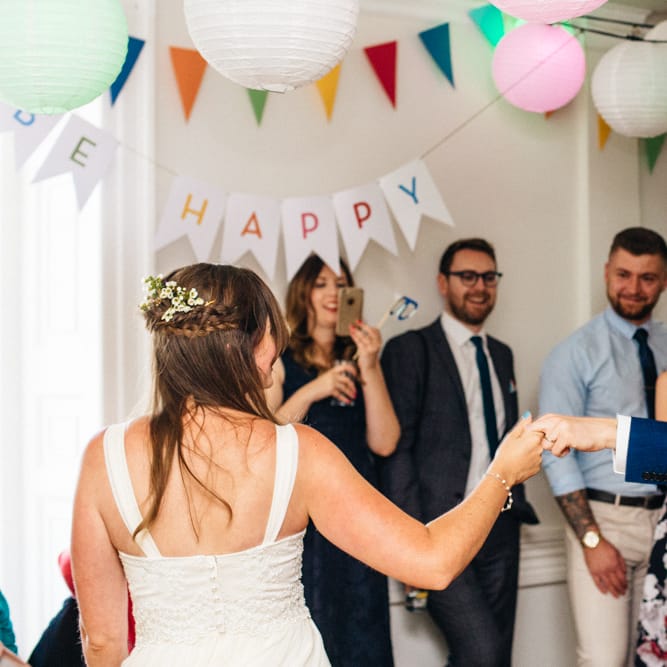 First Dance | Bride in Bespoke Gown | Groom in Navy Blue Suit | Colourful DIY Wedding at Barley Wood Country House in Somerset | A Thing Like That Photography