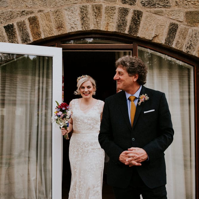 Bride in Catherine Deane Wedding Dress | Father of The Bride | Colourful Outdoor Wedding at Lineham Farm in Leeds | Shutter Go Click Photography