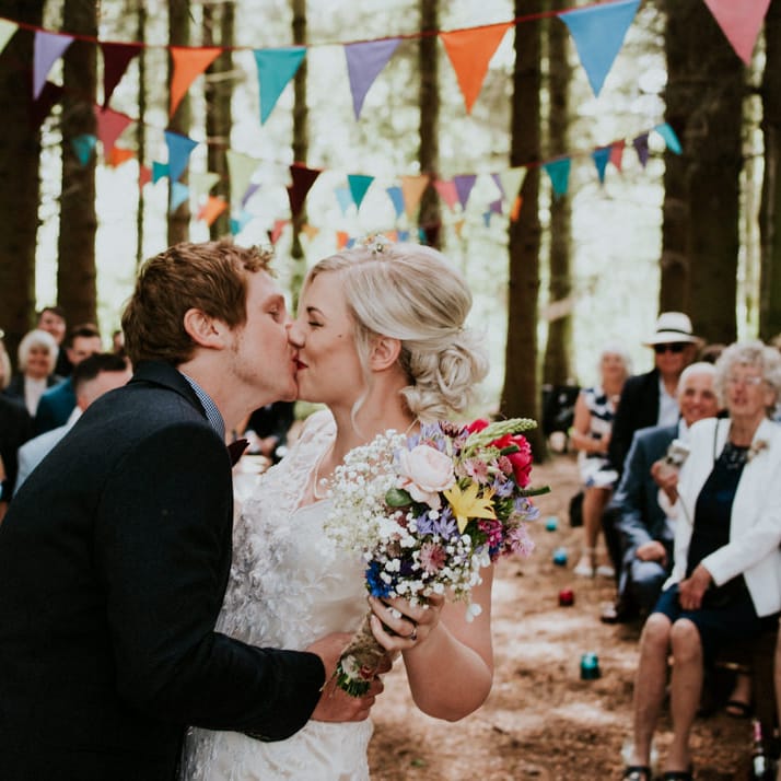 Woodland Wedding Ceremony | Bride in Catherine Deane Dress | Colourful Outdoor Wedding at Lineham Farm in Leeds | Shutter Go Click Photography