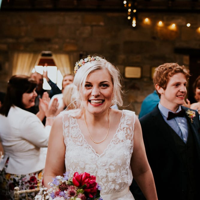 Bride in Catherine Deane Gown | Groom in Ben Sherman Suit, Bow Tie & Gingham Shirt | Colourful Barn Reception at Lineham Farm in Leeds | Shutter Go Click Photography