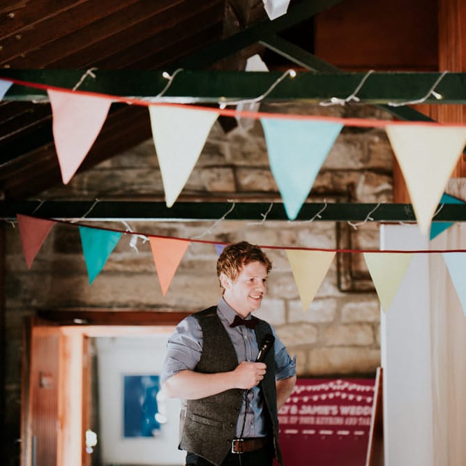 Speeches | Groom in Ben Sherman Suit, Bow Tie & Gingham Shirt | Colourful Barn Reception at Lineham Farm in Leeds | Shutter Go Click Photography