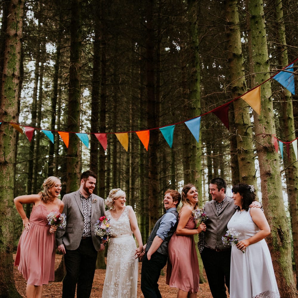 Wedding Party | Bride in Catherine Deane Gown | Groom in Ben Sherman Suit, Bow Tie & Gingham Shirt | Colourful Barn Reception at Lineham Farm in Leeds | Shutter Go Click Photography