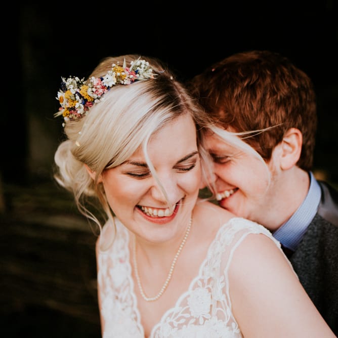 Bride in Artisan Dried Flowers Crown | Catherine Deane Gown | Groom in Ben Sherman Suit, Bow Tie & Gingham Shirt | Colourful Barn Reception at Lineham Farm in Leeds | Shutter Go Click Photography