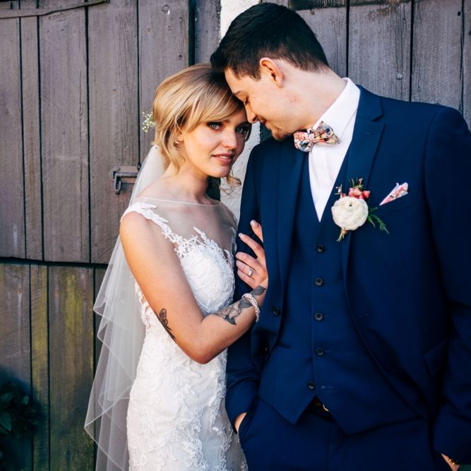 Bride in Lace Illusion Neck Wedding Dress | Groom in Next Suit | Dale Weeks Photography