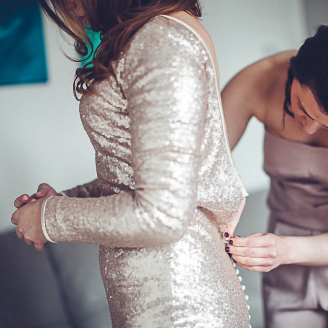 Bride In Gold Sequinned Dress For A Relaxed Wedding At Asylum Chapel With Bridesmaids In Mismatched High Street Dresses And Images by Lovestruck Photography