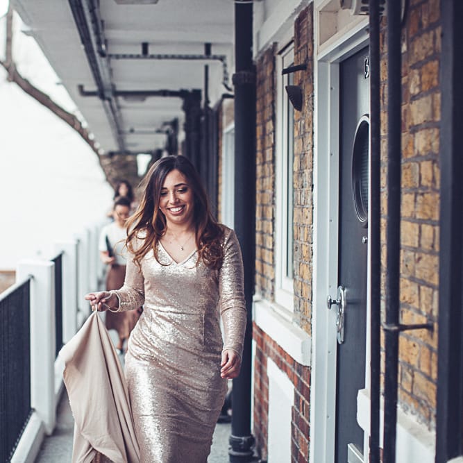 Bride In Gold Sequinned Dress For A Relaxed Wedding At Asylum Chapel With Bridesmaids In Mismatched High Street Dresses And Images by Lovestruck Photography