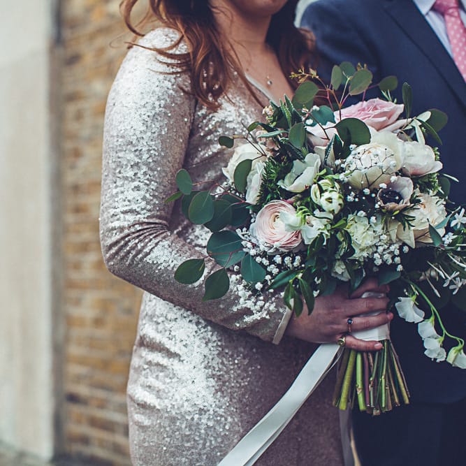 Bride In Gold Sequinned Dress For A Relaxed Wedding At Asylum Chapel With Bridesmaids In Mismatched High Street Dresses And Images by Lovestruck Photography