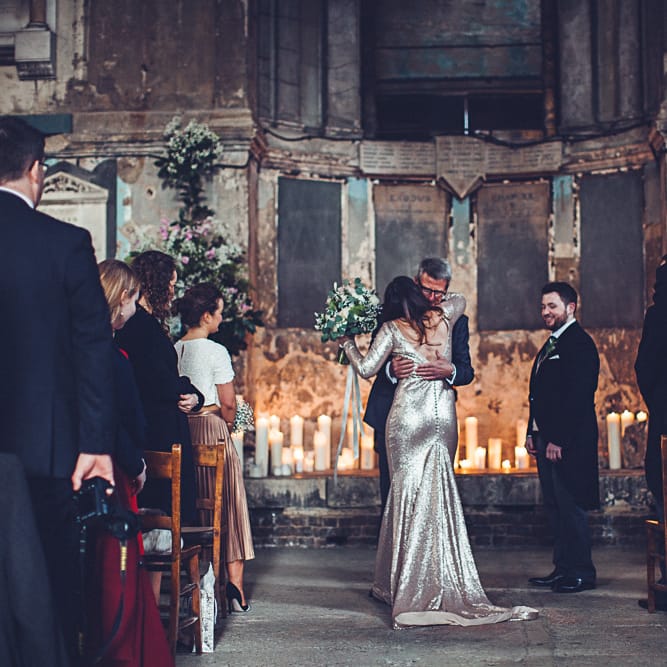 Bride In Gold Sequinned Dress For A Relaxed Wedding At Asylum Chapel With Bridesmaids In Mismatched High Street Dresses And Images by Lovestruck Photography