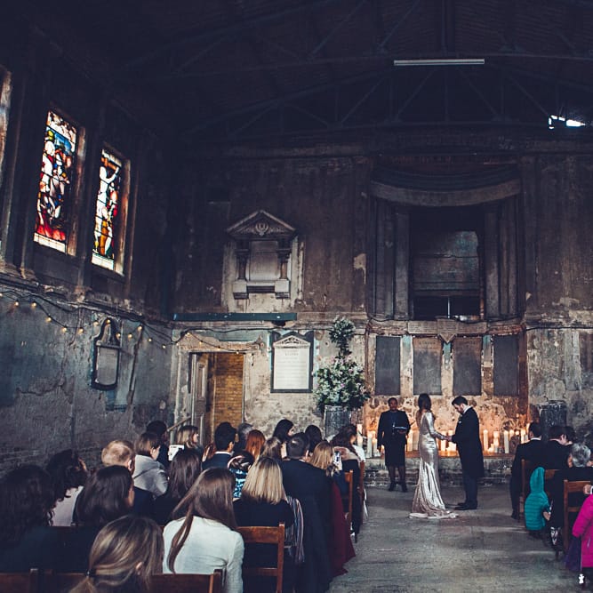 Bride In Gold Sequinned Dress For A Relaxed Wedding At Asylum Chapel With Bridesmaids In Mismatched High Street Dresses And Images by Lovestruck Photography