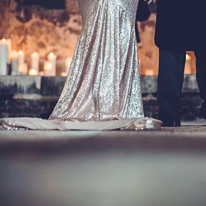 Bride In Gold Sequinned Dress For A Relaxed Wedding At Asylum Chapel With Bridesmaids In Mismatched High Street Dresses And Images by Lovestruck Photography