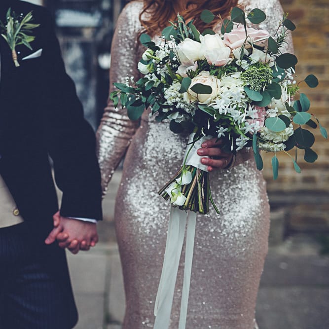 Bride In Gold Sequinned Dress For A Relaxed Wedding At Asylum Chapel With Bridesmaids In Mismatched High Street Dresses And Images by Lovestruck Photography