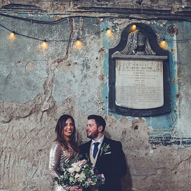 Bride In Gold Sequinned Dress For A Relaxed Wedding At Asylum Chapel With Bridesmaids In Mismatched High Street Dresses And Images by Lovestruck Photography