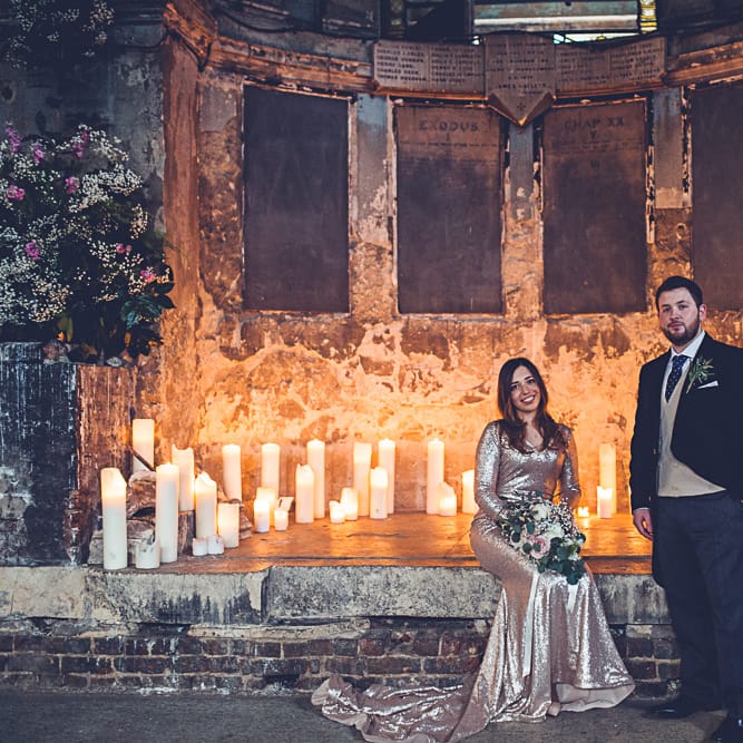 Bride In Gold Sequinned Dress For A Relaxed Wedding At Asylum Chapel With Bridesmaids In Mismatched High Street Dresses And Images by Lovestruck Photography