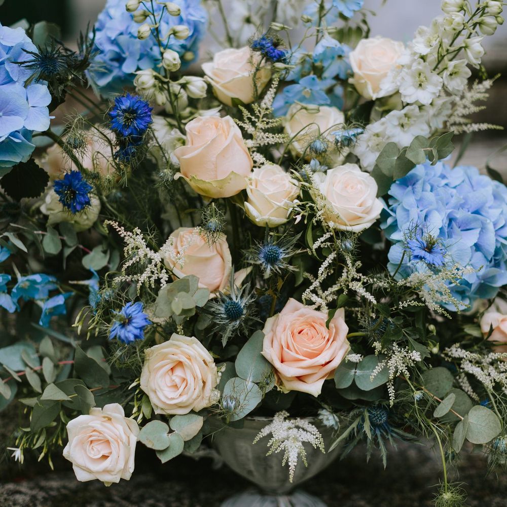 Pastel Blue & Peach Floral Arrangement by A Very Beloved Bloom