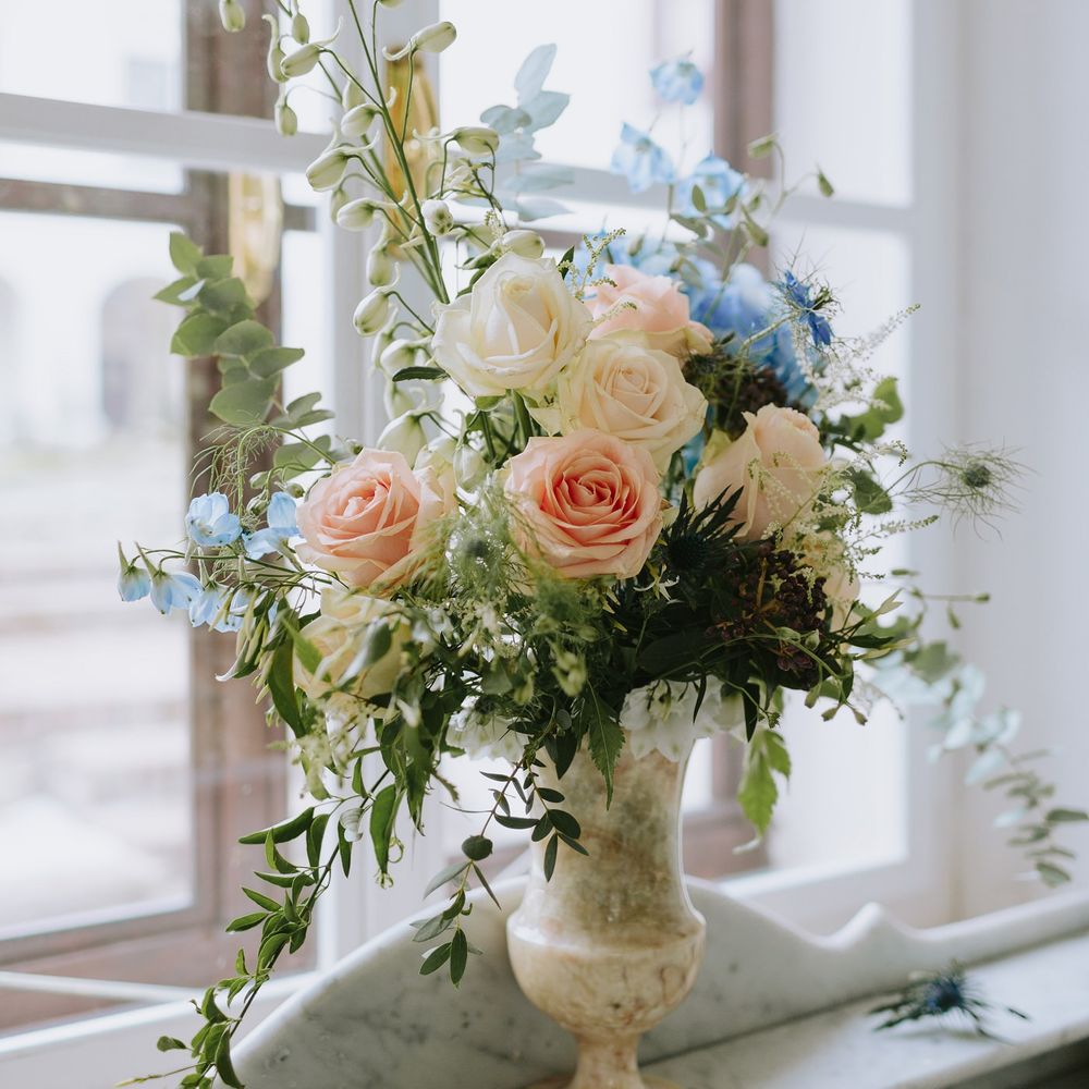 Pastel Blue & Peach Floral Arrangement by A Very Beloved Bloom