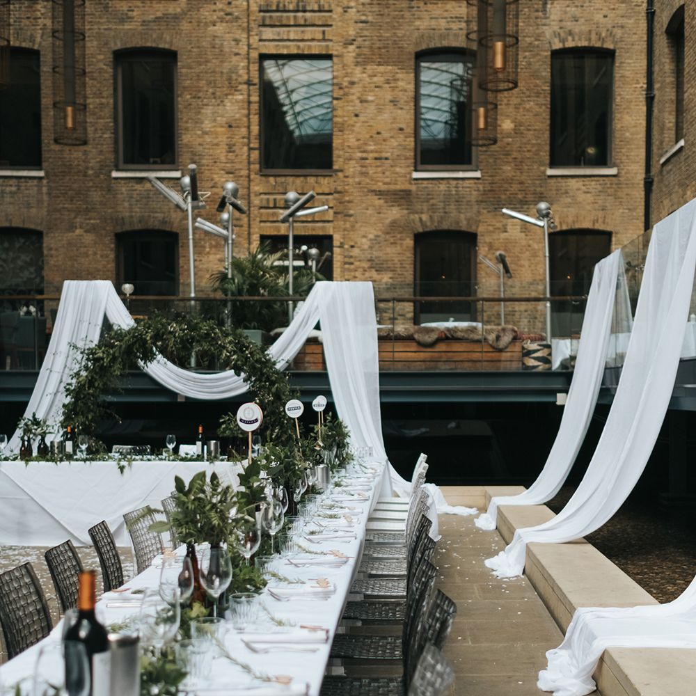 Devonshire Terrace For A Stylish Green &amp; White Wedding With Lots Of Foliage And Elegant Signage With Bride In Bespoke Pronovias And Images From Miss Gen