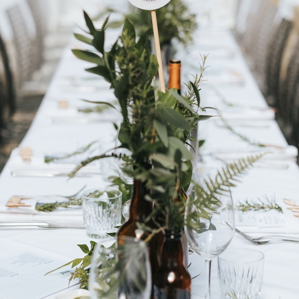 Devonshire Terrace For A Stylish Green &amp; White Wedding With Lots Of Foliage And Elegant Signage With Bride In Bespoke Pronovias And Images From Miss Gen