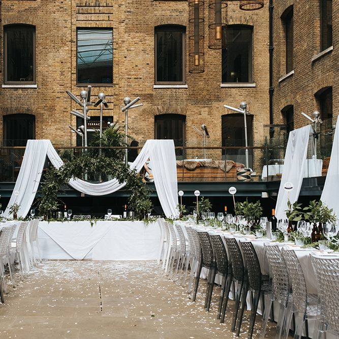 Devonshire Terrace For A Stylish Green &amp; White Wedding With Lots Of Foliage And Elegant Signage With Bride In Bespoke Pronovias And Images From Miss Gen