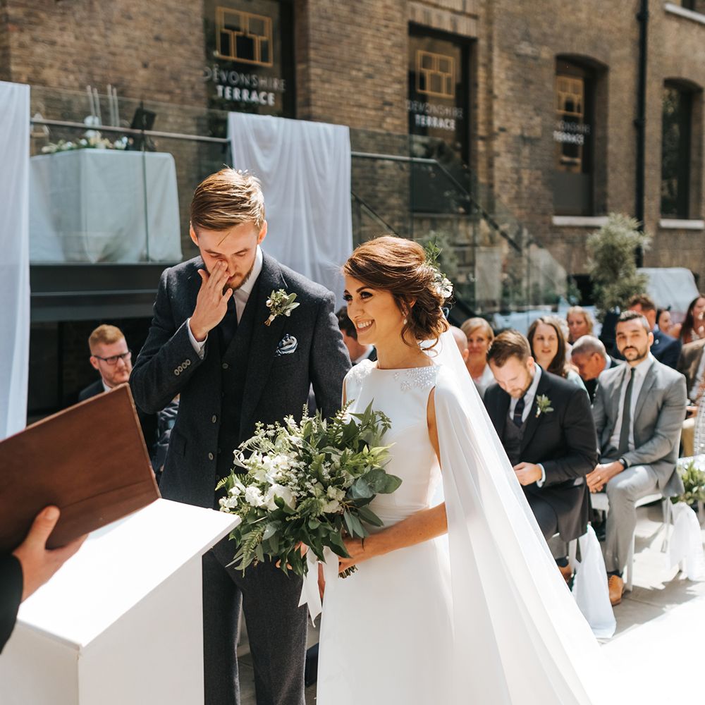 Devonshire Terrace For A Stylish Green &amp; White Wedding With Lots Of Foliage And Elegant Signage With Bride In Bespoke Pronovias And Images From Miss Gen
