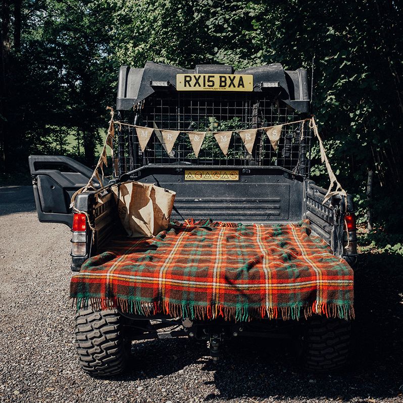 Wedding Transport Truck with Blanket & Bunting Decor | DIY Woodland Wedding at Two Woods Estate in Sussex | PJ Phillips Photography