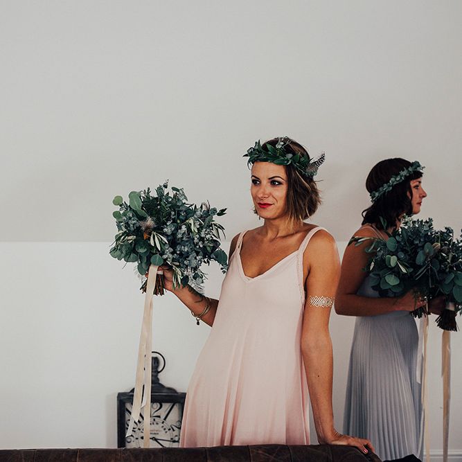 Bridesmaids in Pastel Pink Dress with Greenery Bouquet & Flower Crown | DIY Woodland Wedding at Two Woods Estate in Sussex | PJ Phillips Photography