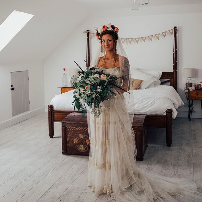 Boho Bride in Bespoke Lace Wedding Dress & Flower Crown | DIY Woodland Wedding at Two Woods Estate in Sussex | PJ Phillips Photography