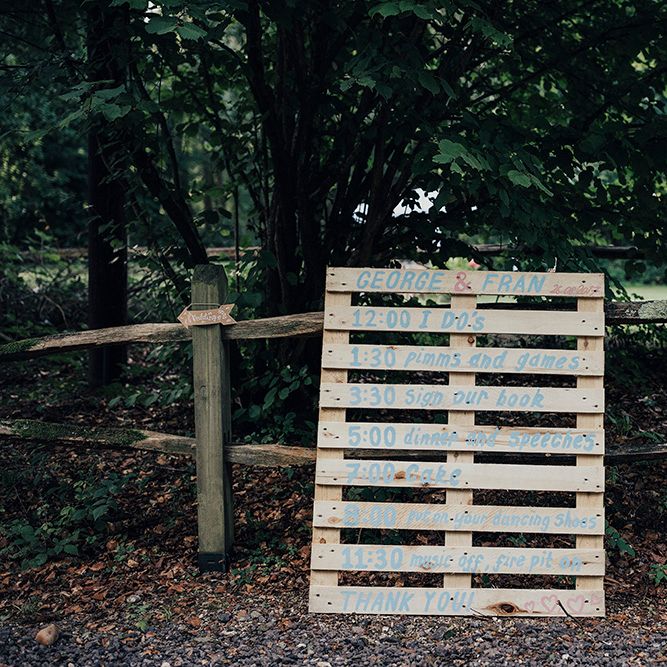 Wooden Palette Order of the Day Sign | DIY Woodland Wedding at Two Woods Estate in Sussex | PJ Phillips Photography