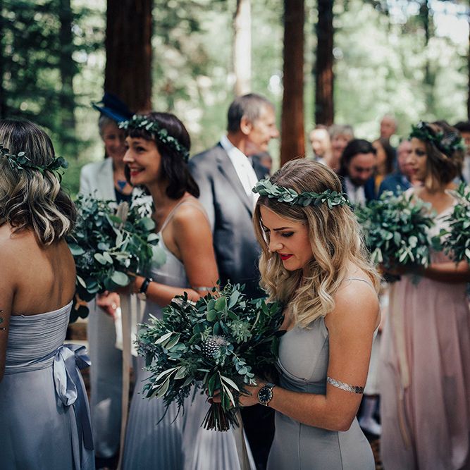 Bridesmaids in Different Pastel Dresses with Greenery Bouquets & Flower Crowns | DIY Woodland Wedding at Two Woods Estate in Sussex | PJ Phillips Photography