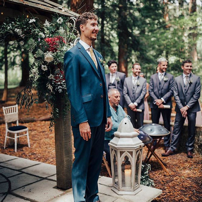 Groom at the Altar in Blue Suit | DIY Woodland Wedding at Two Woods Estate in Sussex | PJ Phillips Photography